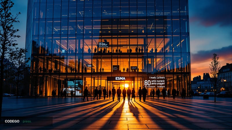 A dramatic editorial photograph capturing the stark reality of regulatory enforcement in the European financial district. The