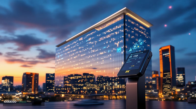 A sophisticated European fintech headquarters building photographed during golden hour, with the distinctive modern architect