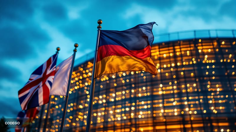 A dramatic photorealistic editorial photograph showing the European Parliament building in Strasbourg at golden hour, with th