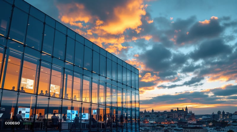 A cinematic editorial photograph showcasing Experian's corporate headquarters in Dublin, Ireland, with its distinctive glass 