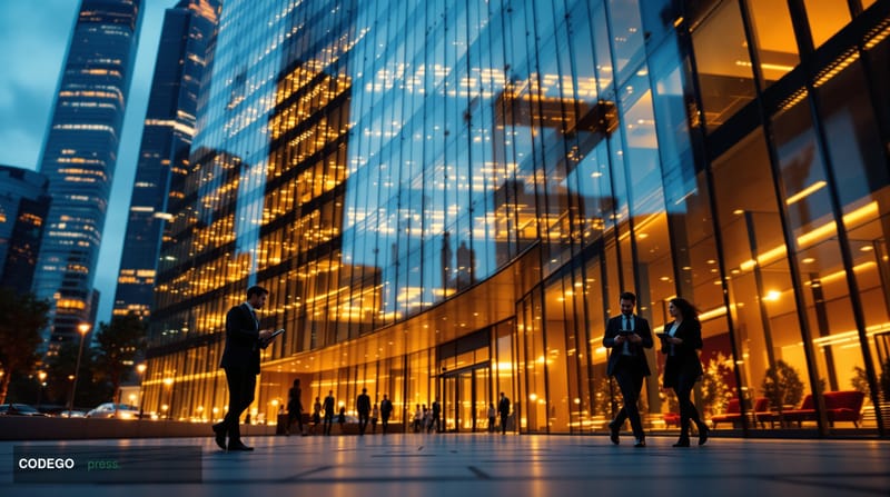 A cinematic editorial photograph of a modern bank headquarters building at golden hour, with the EY logo subtly visible on an