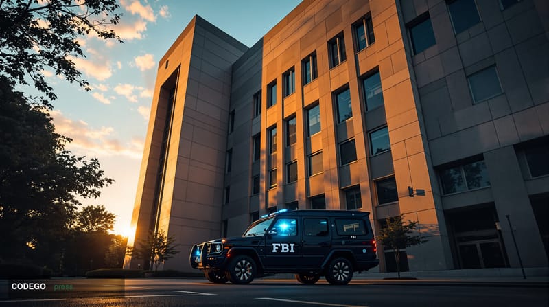 A dramatic cinematic photograph capturing the intersection of law enforcement and cryptocurrency investigation. The scene sho