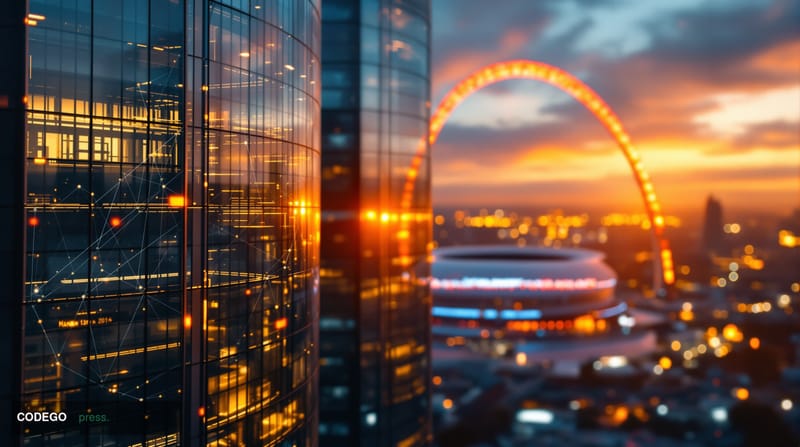 A dramatic photorealistic editorial photograph capturing the intersection of football regulation and cryptocurrency oversight