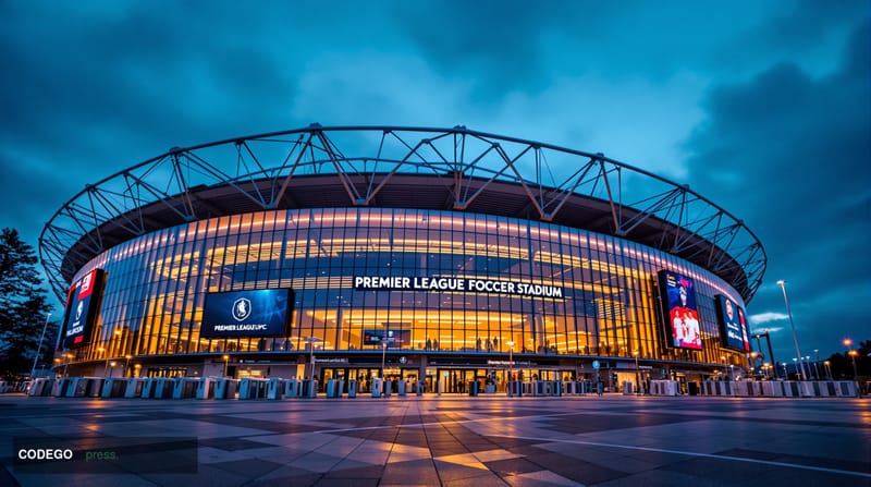 A dramatic wide-angle photograph of a Premier League soccer stadium exterior during golden hour, with the iconic curved archi