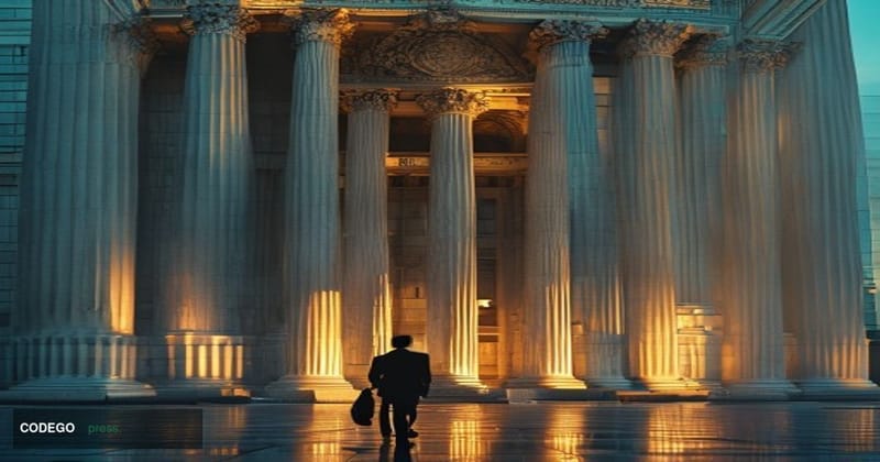 A dramatic photorealistic editorial photograph showing the imposing neoclassical facade of the FDIC headquarters building in 