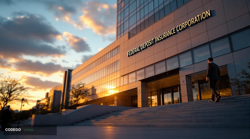 A dramatic photorealistic editorial photograph of the Federal Deposit Insurance Corporation headquarters building in Washingt
