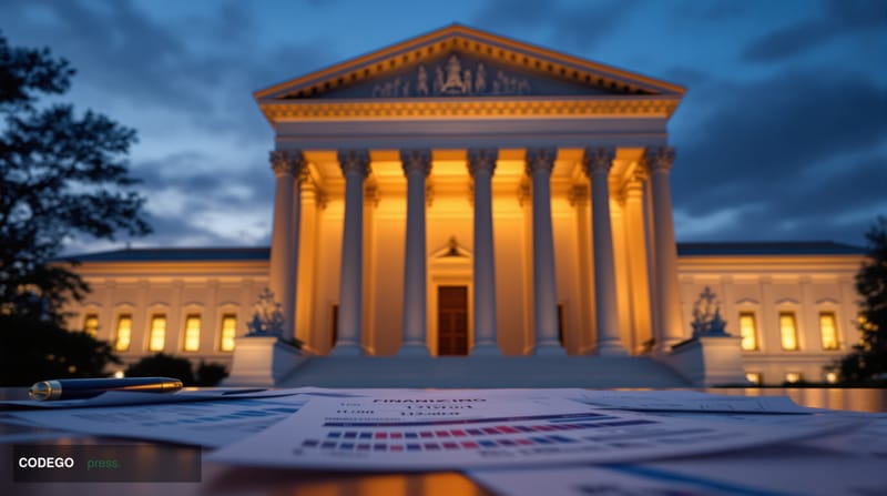 A dramatic cinematic photograph of the Federal Reserve building in Washington DC at dusk, shot from a low angle to emphasize 