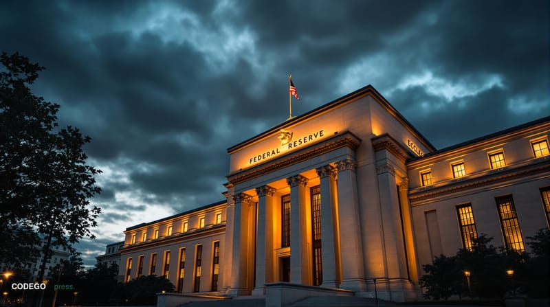 A dramatic photorealistic editorial photograph of the Federal Reserve building in Washington D.C., captured during the golden