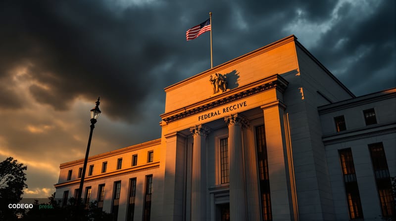 A dramatic editorial photograph of the Federal Reserve headquarters building in Washington D.C., captured during golden hour 
