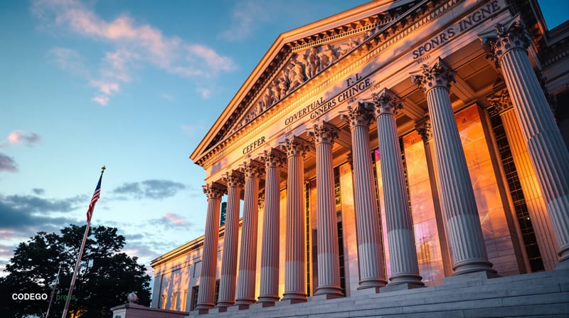 A dramatic photorealistic editorial photograph of the Federal Reserve building's iconic neoclassical facade in Washington D.C