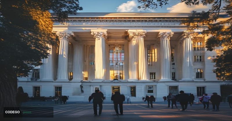 A cinematic editorial photograph of the Federal Reserve building's iconic neoclassical facade in Washington D.C., captured du