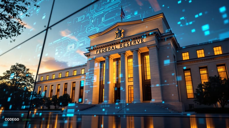 A cinematic editorial photograph capturing the intersection of AI technology and Federal Reserve monetary policy. The scene s