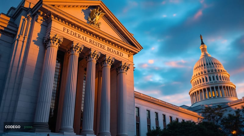 A photorealistic editorial photograph showing the imposing neoclassical facade of the Federal Reserve Board building in Washi