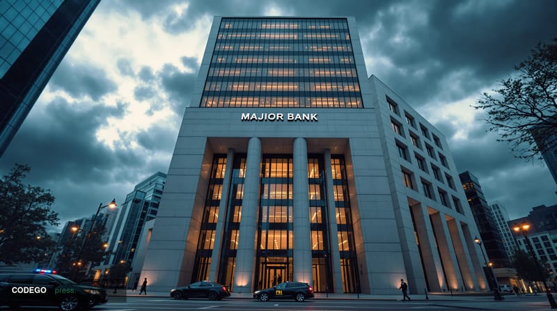 A dramatic photorealistic editorial photograph of a major bank's imposing headquarters building shot from a low angle against