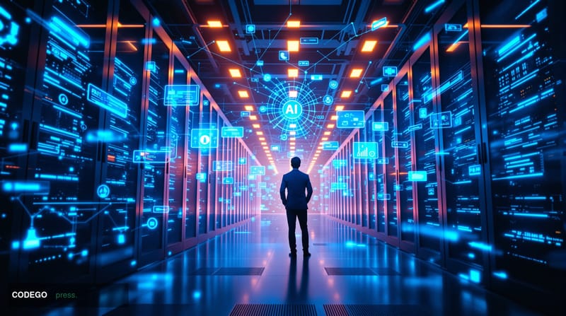 A cinematic editorial photograph showcasing a modern tech facility or laboratory setting representing AI infrastructure devel