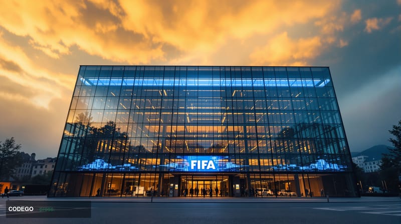 A cinematic editorial photograph of FIFA headquarters in Zurich, Switzerland, with its distinctive modern glass and steel arc