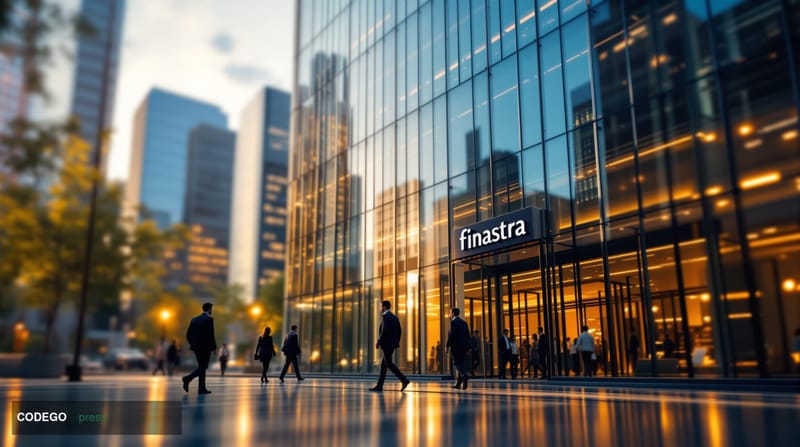 A photorealistic editorial photograph capturing the corporate transformation in banking technology. The scene shows a modern 