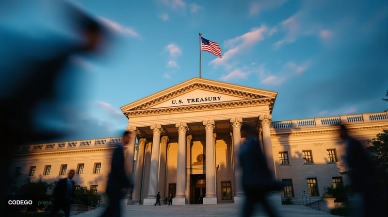 A dramatic editorial photograph of the United States Treasury Building in Washington DC during late afternoon, shot from a lo