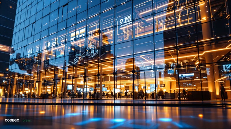 A dramatic photorealistic editorial photograph showing Fingerprint's corporate headquarters or technology center with sleek m