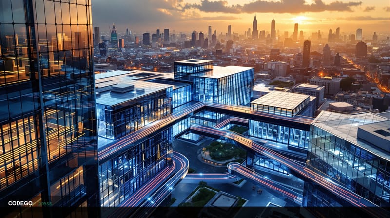 A dramatic aerial view of a modern fintech corporate campus with sleek glass buildings connected by elevated walkways, repres