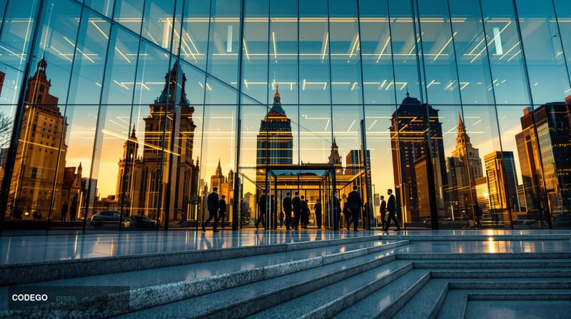 A cinematic editorial photograph capturing the revolving door of fintech executive leadership through the symbolic architectu