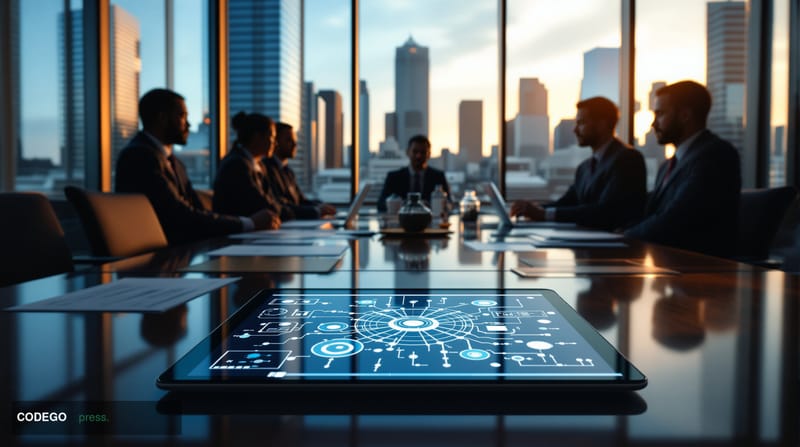 A cinematic editorial photograph showing a modern glass-walled conference room during an M&A negotiation, with executives in 