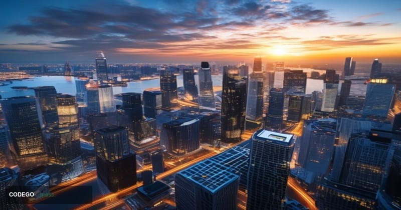 A photorealistic editorial photograph capturing the global fintech boom through a dramatic aerial view of multiple internatio