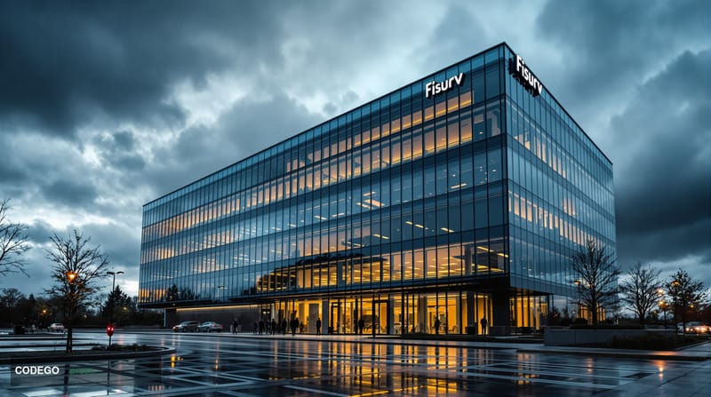 A dramatic photorealistic editorial photograph capturing the corporate headquarters of Fiserv in Brookfield, Wisconsin, showi