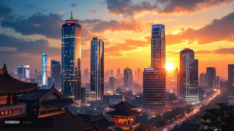 A dramatic photorealistic editorial photograph capturing the gravity of China's fiscal downgrade through the iconic Beijing s