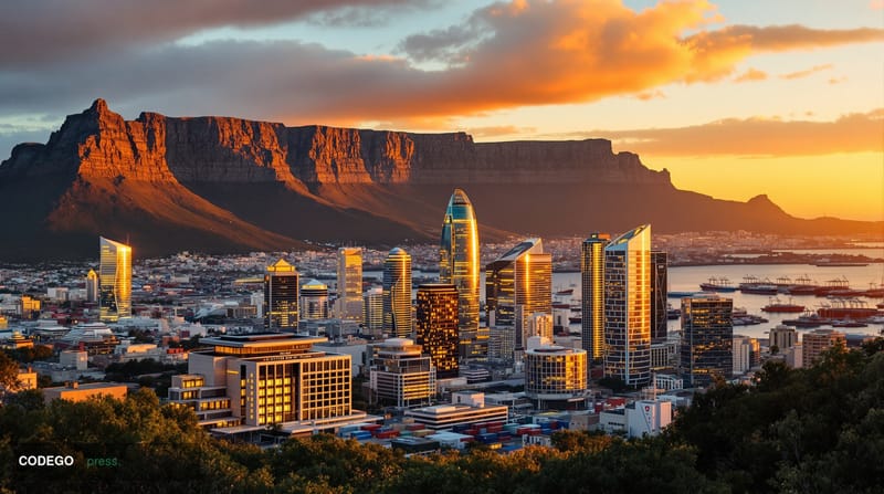 A cinematic editorial photograph capturing South Africa's financial renaissance through the iconic Cape Town skyline at golde
