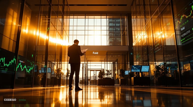 A dramatic editorial photograph capturing Fold's corporate headquarters or office building during golden hour, with warm ambe
