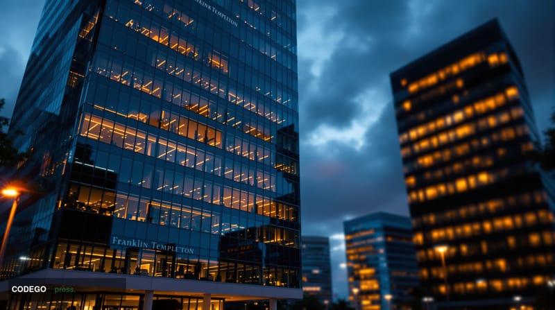 A cinematic editorial photograph of Franklin Templeton's corporate headquarters in San Mateo, California, captured during gol