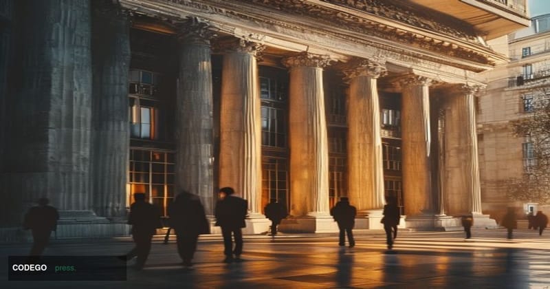 A cinematic editorial photograph of the Bank of France headquarters building in Paris, showcasing the iconic neoclassical arc