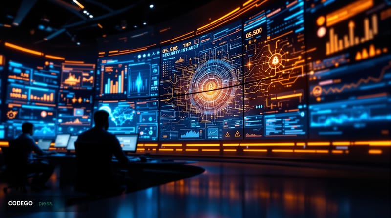 A dramatic cinematic editorial photograph showing a high-tech cybersecurity operations center with multiple curved monitors d
