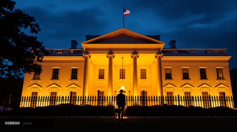 A dramatic photorealistic editorial photograph showing the imposing neoclassical facade of the White House West Wing at golde
