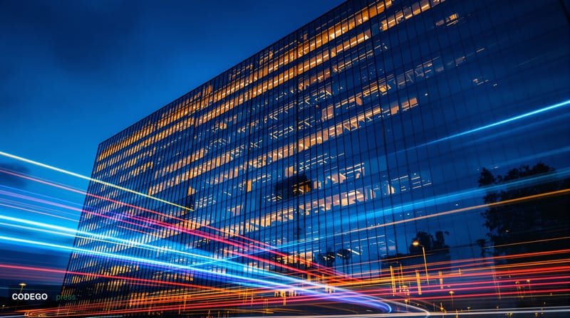 A dramatic wide-angle shot of a modern glass corporate headquarters building at dusk, with warm amber light emanating from of