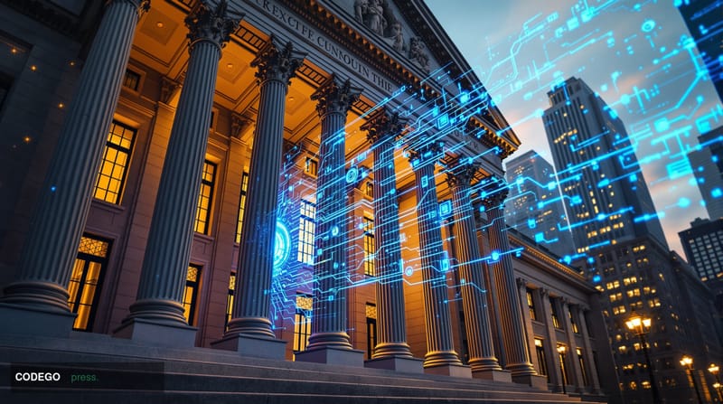 A dramatic editorial photograph capturing the intersection of quantum technology and global finance. The scene shows the icon