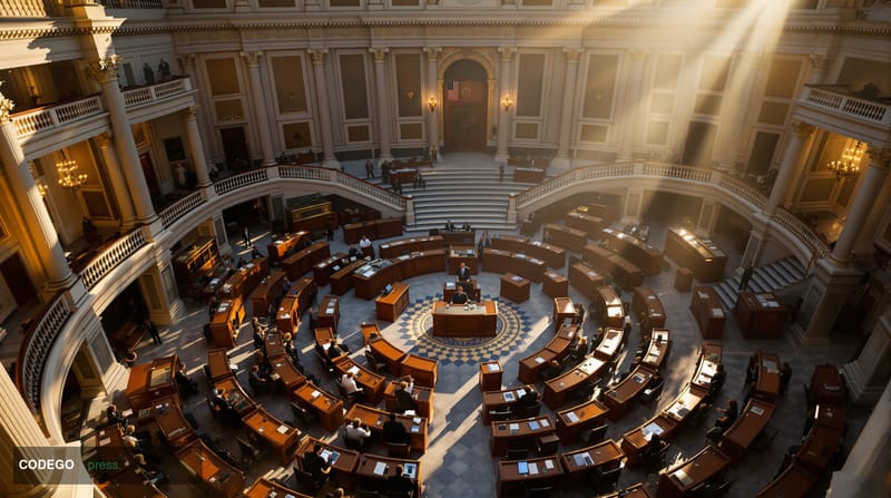 # Image Prompt:

A high-angle overhead shot of the U.S. Capitol building's ornate Senate chamber floor, captured during late 