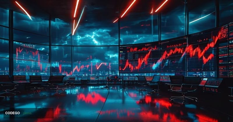 A dramatic photorealistic editorial scene showing the intersection of geopolitical tension and cryptocurrency markets. In the