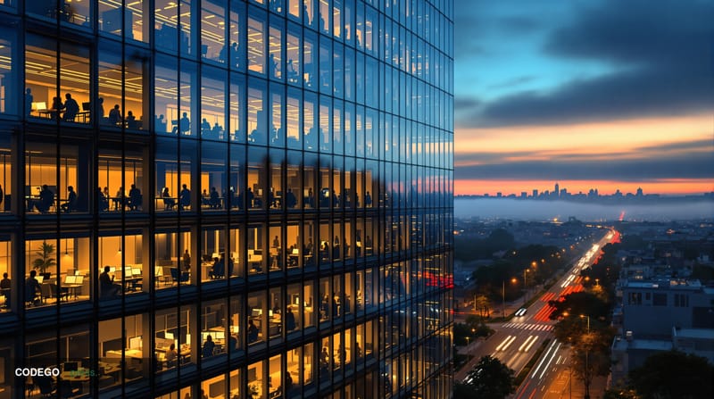 A cinematic editorial photograph of GitHub's San Francisco headquarters at dusk, with the recognizable Octocat logo subtly vi