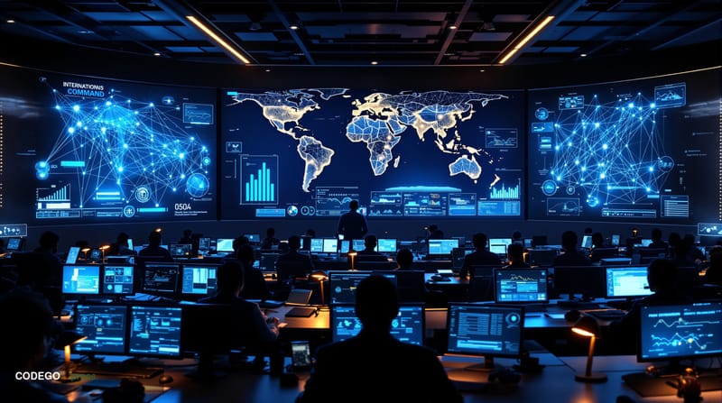 A dramatic photorealistic editorial photograph showing an international law enforcement coordination center during a major cr
