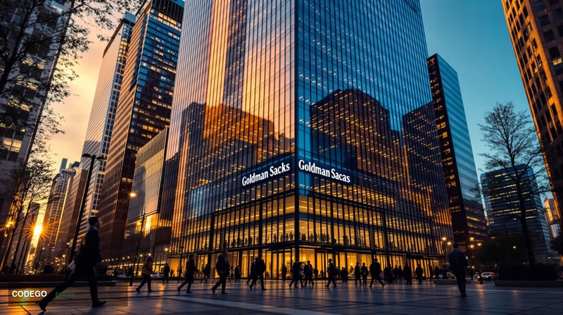 A photorealistic editorial photograph capturing Goldman Sachs' towering headquarters at 200 West Street in lower Manhattan, s