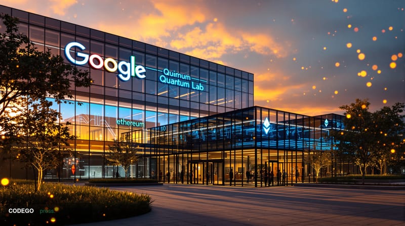 A cinematic editorial photograph showing the exterior of Google's Mountain View campus quantum research facility at golden ho