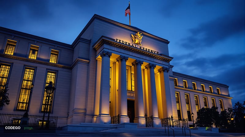 A dramatic editorial photograph of the Federal Reserve building in Washington D.C. at twilight, shot from a low angle to emph