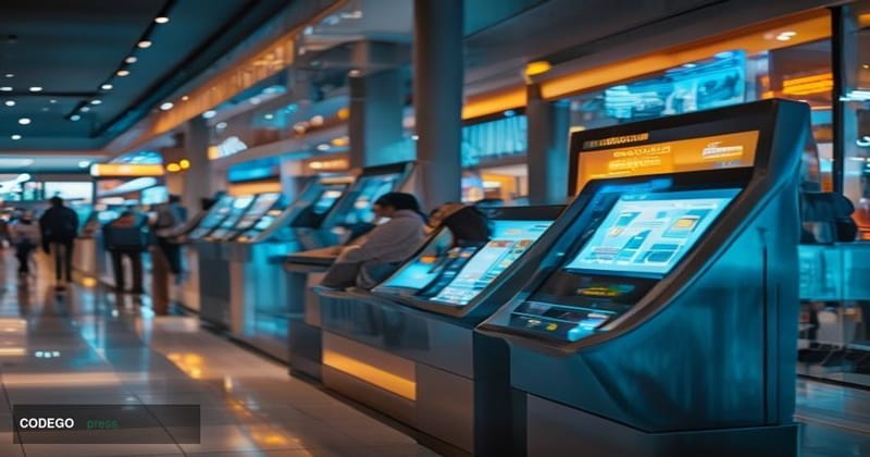 A cinematic editorial photograph showcasing GoTyme's distinctive self-service banking kiosks in a modern retail environment, 