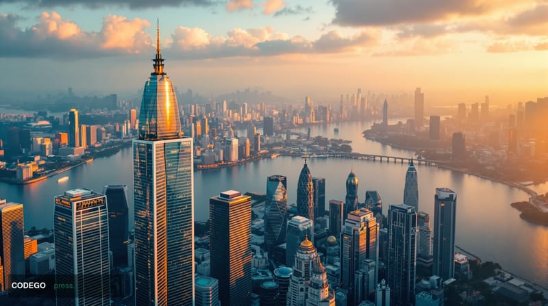 A cinematic aerial photograph of Singapore's modern financial district skyline transitioning into Jakarta's bustling business