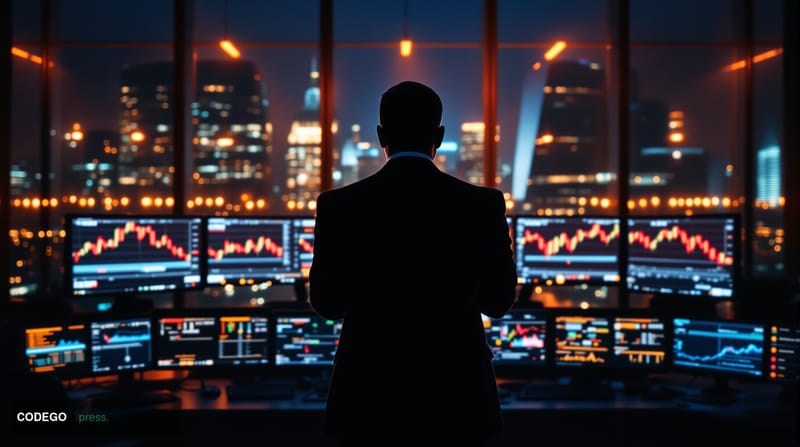 A cinematic editorial photograph showing a dramatic cryptocurrency trading floor scene with multiple monitors displaying Zcas