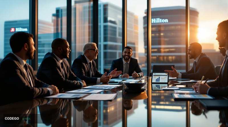 A sophisticated corporate boardroom scene at <a href="https://www.hilton.com" target="_blank" rel="noopener">Hilton</a>'s hea
