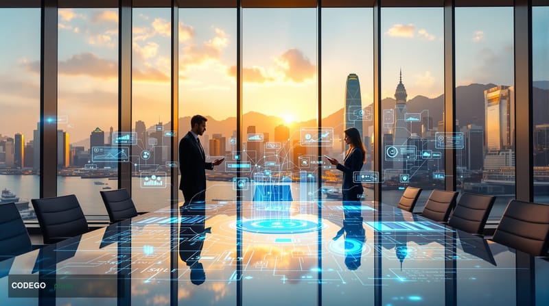 A modern glass-walled financial regulatory office overlooking Victoria Harbour in Hong Kong, with floor-to-ceiling windows fr