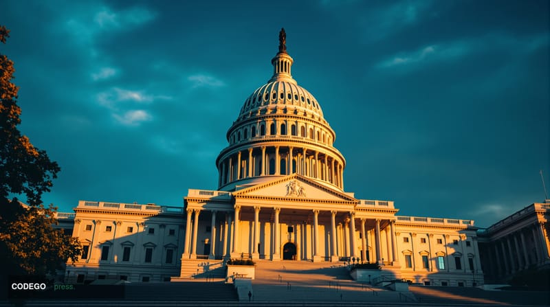 A cinematic editorial photograph of the United States Capitol building's iconic dome and neoclassical architecture, shot duri